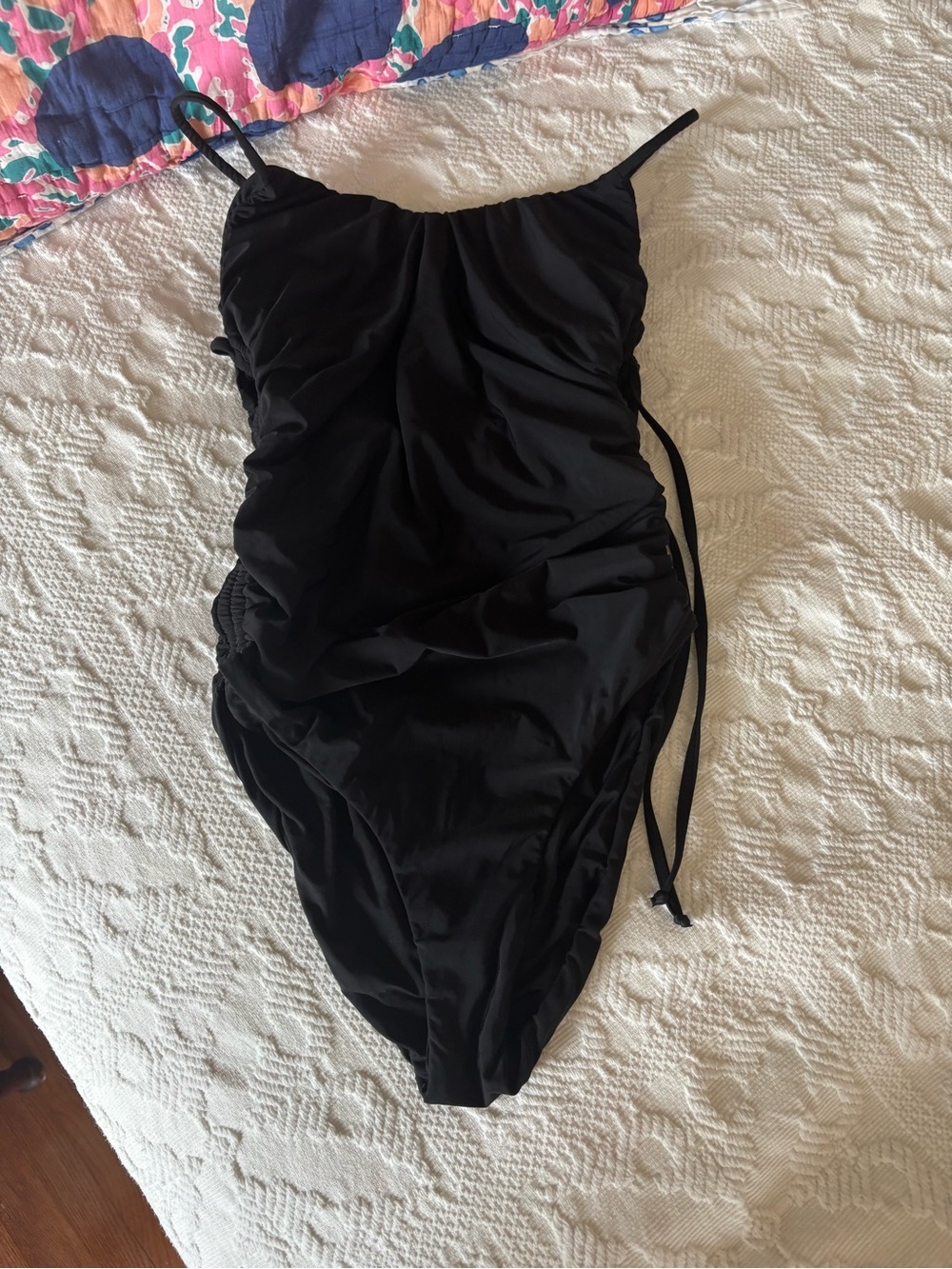 Ruched Black One-Piece Swimsuit with Adjustable Side Ties